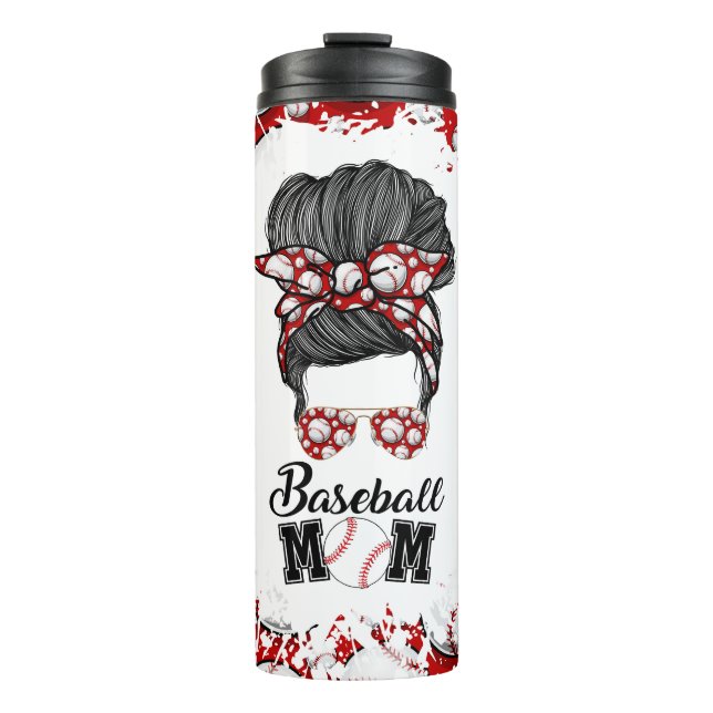 Baseball Mom Messy Bun Red Travel Tumbler (Front)