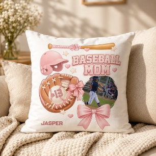 Baseball Mom Photo Pink Coquette Sports Throw Pillow