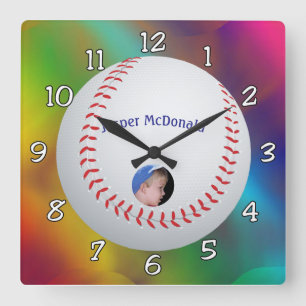 Baseball Multi-colour Background Photo Personalize Square Wall Clock