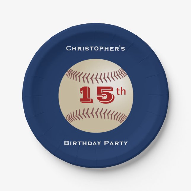 Baseball,  Name, 15th Birthday Party Blue Paper Plate (Front)
