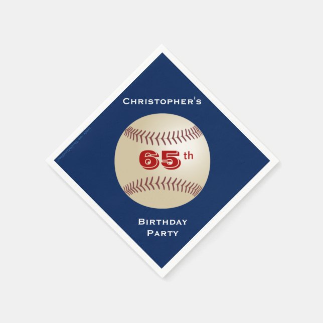 Baseball, Name, Blue 65th Birthday Party Paper Napkin (Corner)