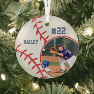 Baseball Name Jersey Number Photo Keepsake Glass Ornament