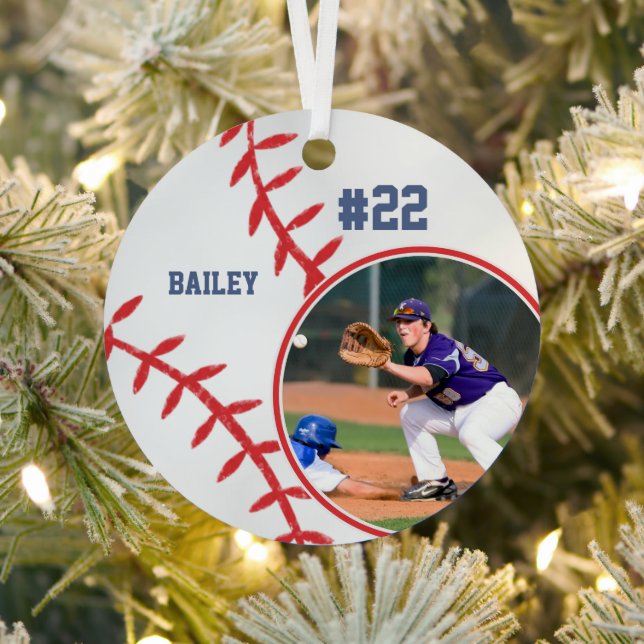 Baseball Name Jersey Number Photo Keepsake Metal Ornament (Insitu)