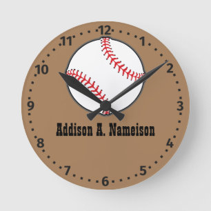Baseball Name Sport Room Boy Brown Round Clock