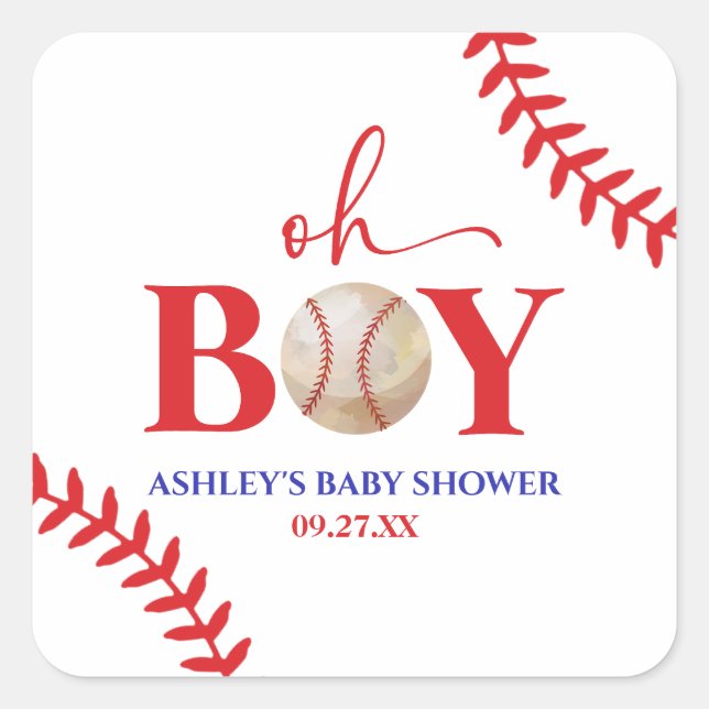Baseball Oh Boy Red White Baby Shower Square Sticker (Front)