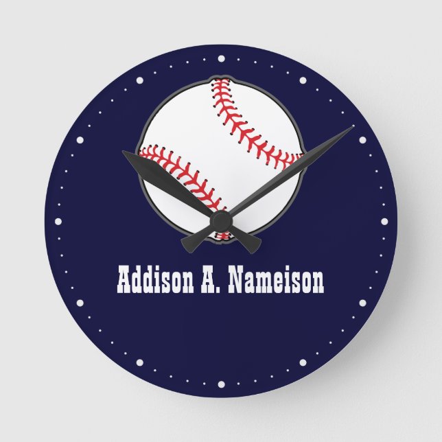 Baseball on Navy Blue Name Sports Room Boys Round Clock (Front)