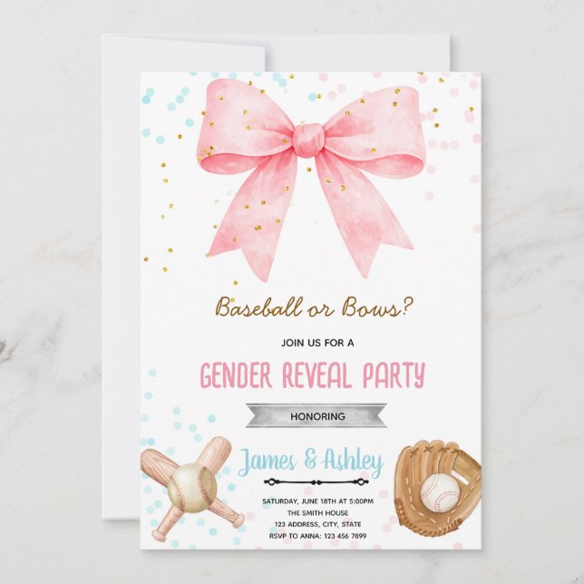 Baseball or Bows Gender Reveal invitation (Devant)