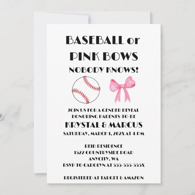 Baseball or Pink Bows gender reveal party Invitation (Front)