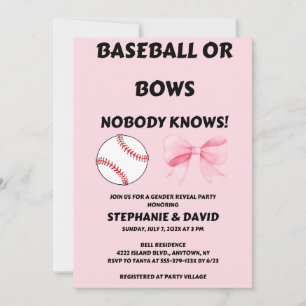 Baseball or Pink Bows Gender Reveal Party Invitation