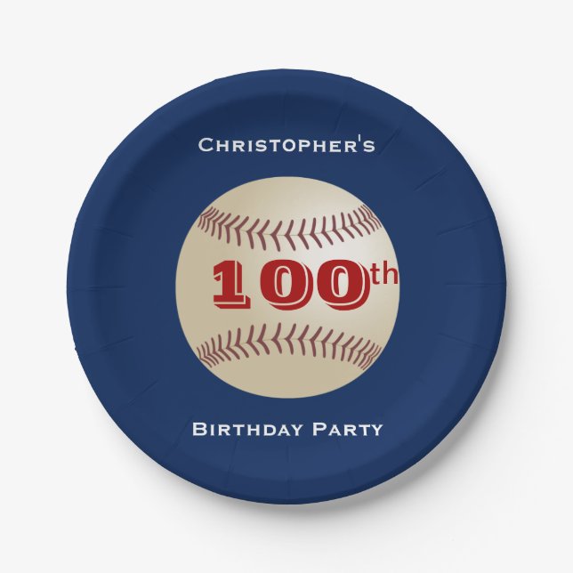 Baseball Paper Plates, 100th Birthday Party Plate (Front)