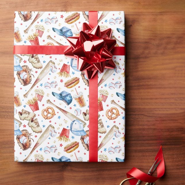 Baseball Pattern Birthday Wrapping Paper (Red White & Blue Baseball Themed Birthday Party Wrapping Paper)