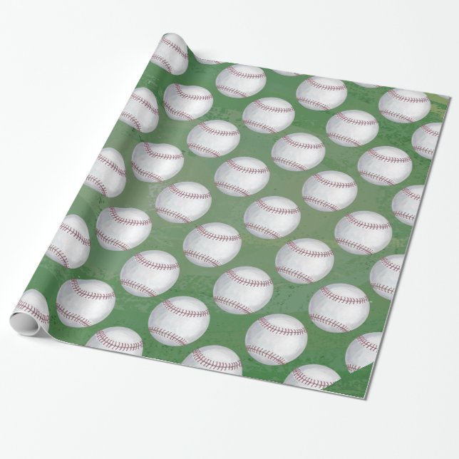 Baseball Pattern on Green Wrapping Paper (Unrolled)