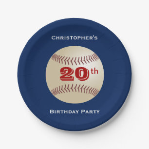 Baseball Personalize Name 20th Birthday Party Blue Paper Plate