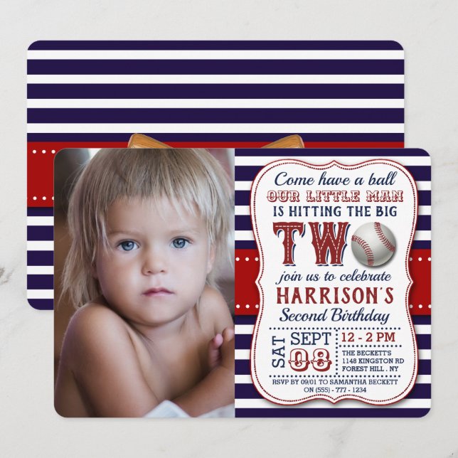 Baseball Photo 2nd Birthday Invitations (Front/Back)