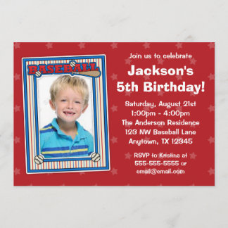 Baseball Photo Birthday Party Red Stars Invitation