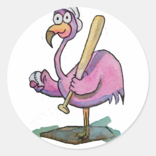 Baseball Pink Flamingo Whimsical Watercolor Classic Round Sticker