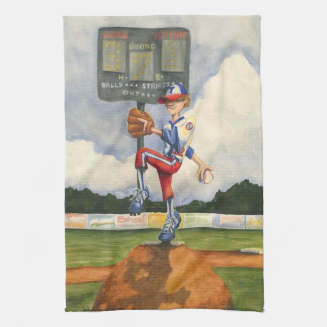 Baseball Pitcher on Mound by Jay Throckmorton Kitchen Towel (Vertical)