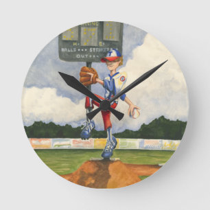 Baseball Pitcher on Mound by Jay Throckmorton Round Clock