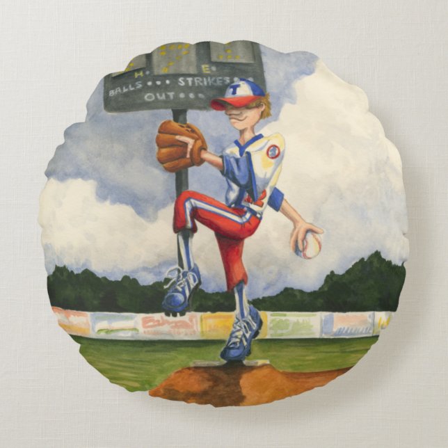 Baseball Pitcher on Mound by Jay Throckmorton Round Pillow (Front)