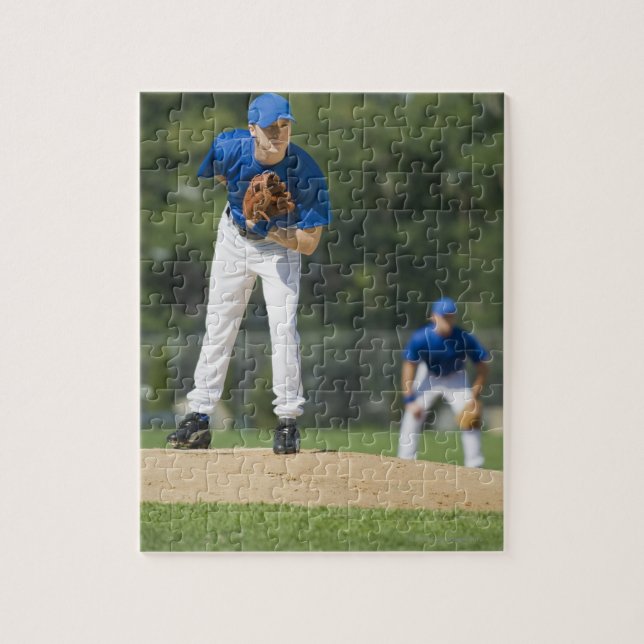 Baseball pitcher preparing to pitch ball jigsaw puzzle (Vertical)