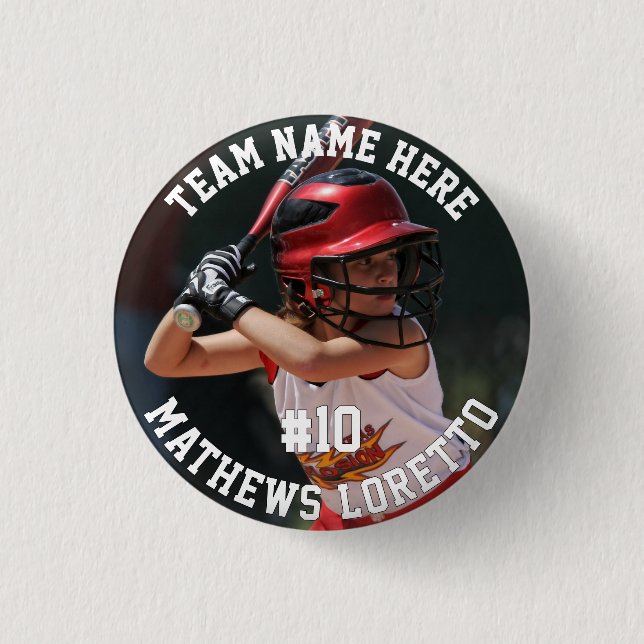 Baseball Player Add Name Number Team and Photo 1 Inch Round Button (Front)