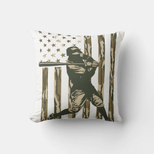 Baseball Player American Flag USA Bottomland Camo Throw Pillow