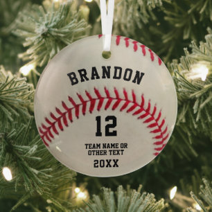 Baseball Player Ball Red Stitching Personalized Glass Ornament