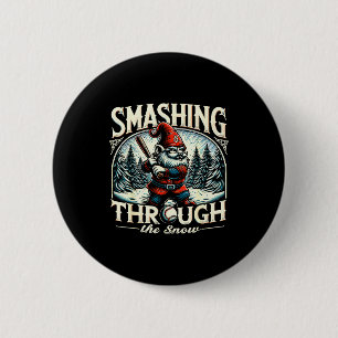 Baseball Player Christmas Gnome, Smashing Through  2 Inch Round Button