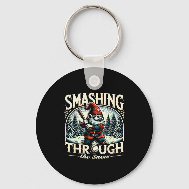 Baseball Player Christmas Gnome, Smashing Through  Keychain (Front)