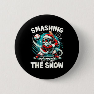Baseball Player Christmas Santa, Smashing Through  2 Inch Round Button