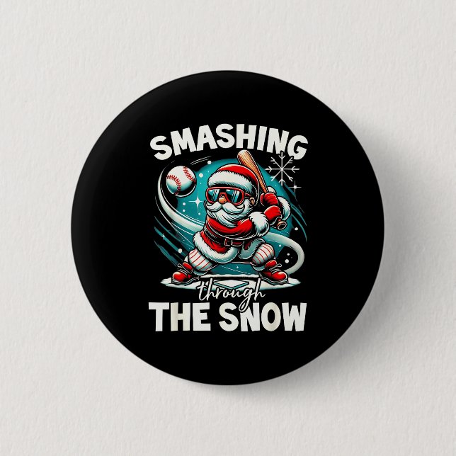 Baseball Player Christmas Santa, Smashing Through  2 Inch Round Button (Front)