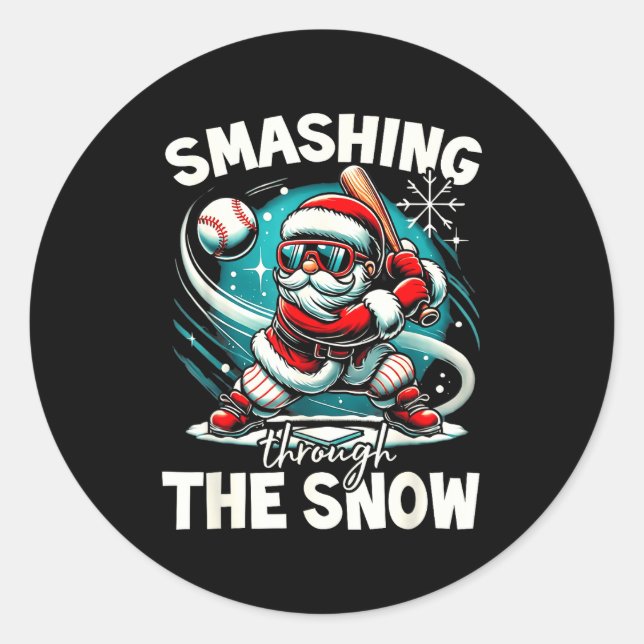 Baseball Player Christmas Santa, Smashing Through  Classic Round Sticker (Front)
