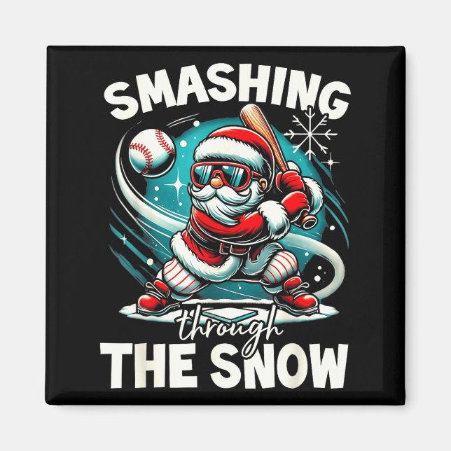 Baseball Player Christmas Santa, Smashing Through  Magnet (Front)