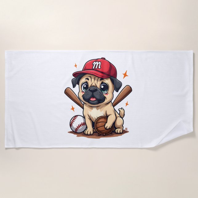 Baseball Player Coach Pug Dog Lover Pug Mom Beach Towel (Front)