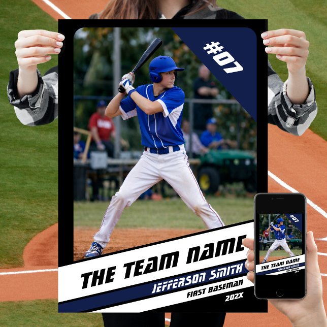 Baseball Player Custom Gift Black White Blue Poster (Baseball Player Poster in Black with Custom Team Name and White Blue Stripes)