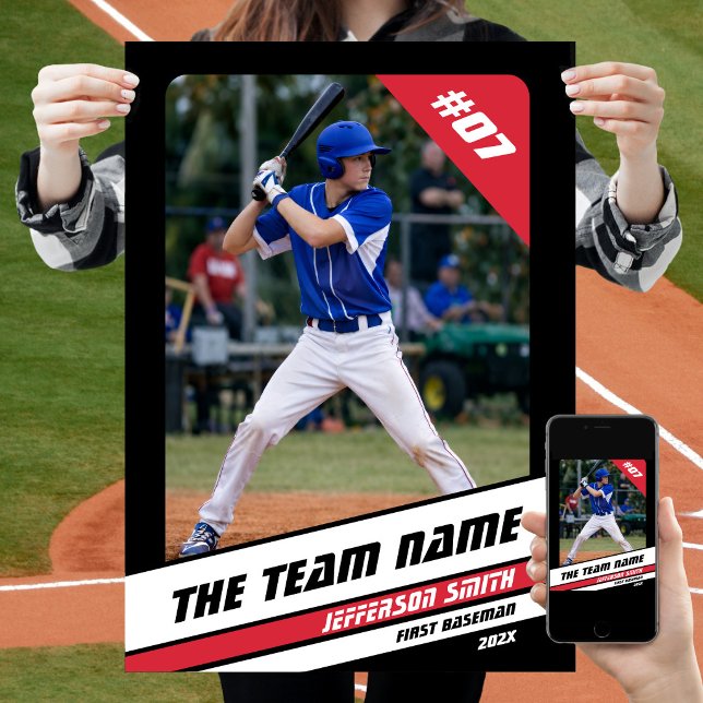 Baseball Player Custom Gift Black White Red Poster (Baseball Player Poster in Black with Custom Team Name and White Red Stripes)