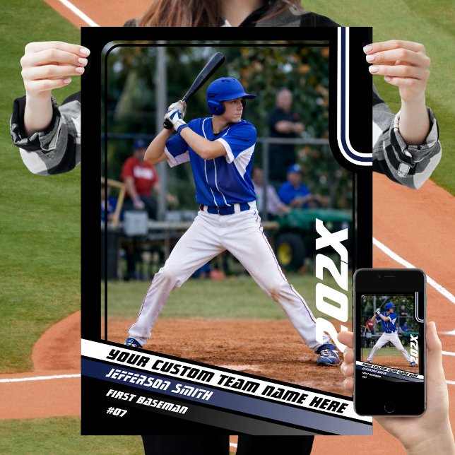 Baseball Player Custom Gift in Blue Poster (Baseball Player Poster in Black with Custom Team Name and White Blue Stripes)