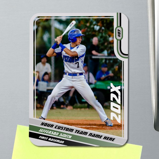 Baseball Player Custom Gift in Green Magnet (Baseball Player Magnet in Light Grey with Custom Team Name and Black Green Stripes)