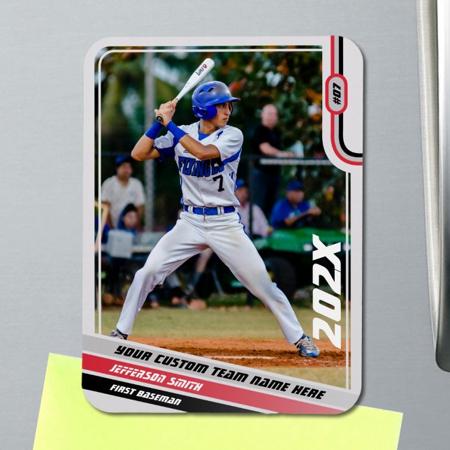 Baseball Player Custom Red Magnet (Baseball Player Magnet in Light Grey with Custom Team Name and Black Red Stripes)