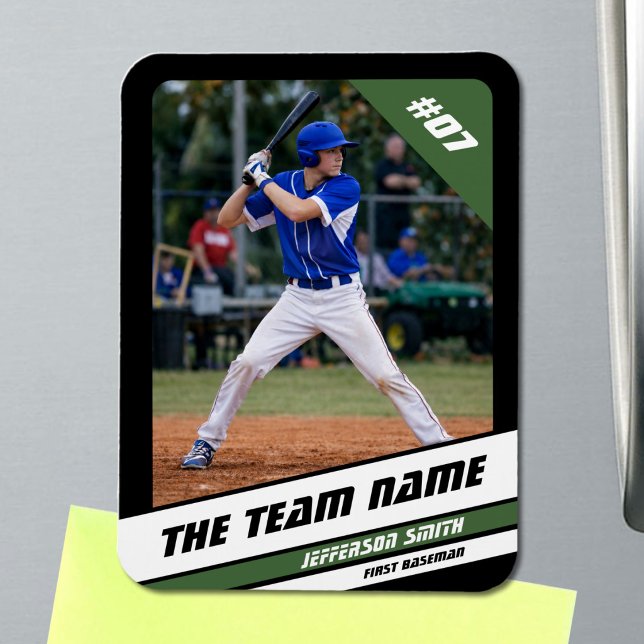 Baseball Player Customizable Black Green Magnet (Baseball Player Magnet in Black with Custom Team Name and White Green Stripes)
