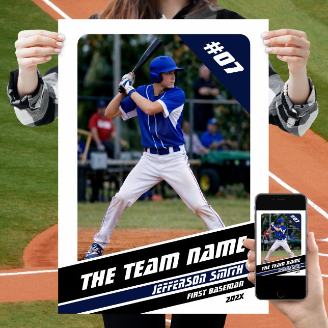 Baseball Player Customizable Gift in White Blue Poster (Baseball Player Poster in White with Custom Team Name and Black Blue Stripes)