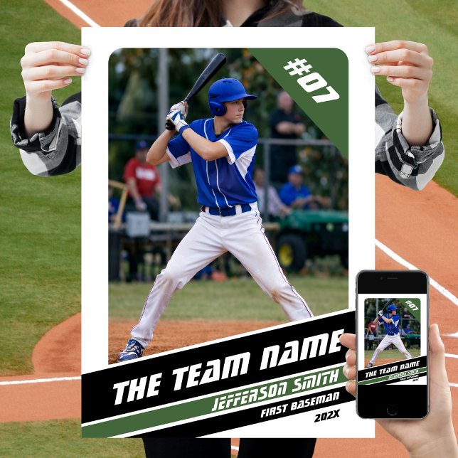 Baseball Player Customizable Gift in White Green Poster (Baseball Player Poster in White with Custom Team Name and Black Green Stripes)