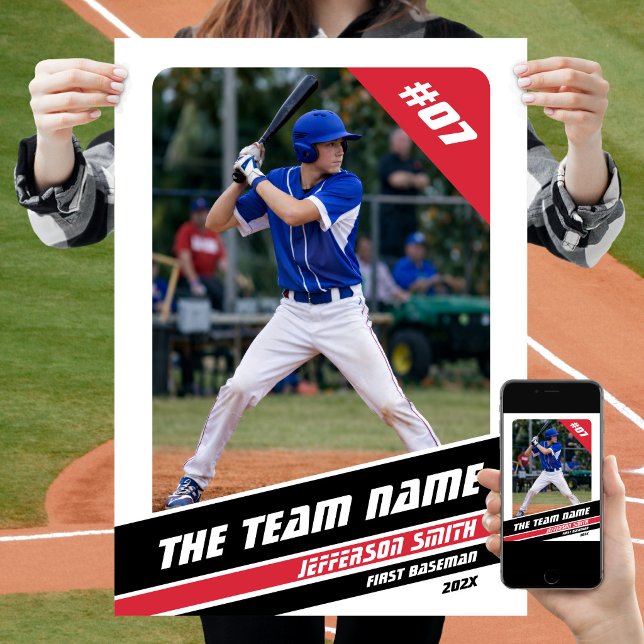 Baseball Player Customizable Gift in White Red Poster (Baseball Player Poster in White with Custom Team Name and Black Red Stripes)