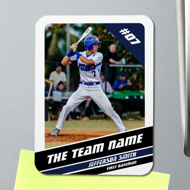 Baseball Player Customizable White Blue Magnet (Baseball Player Magnet in White with Custom Team Name and Black Blue Stripes)