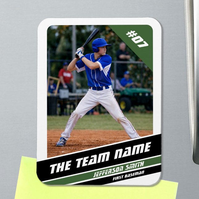 Baseball Player Customizable White Green Magnet (Baseball Player Magnet in White with Custom Team Name and Black Green Stripes)