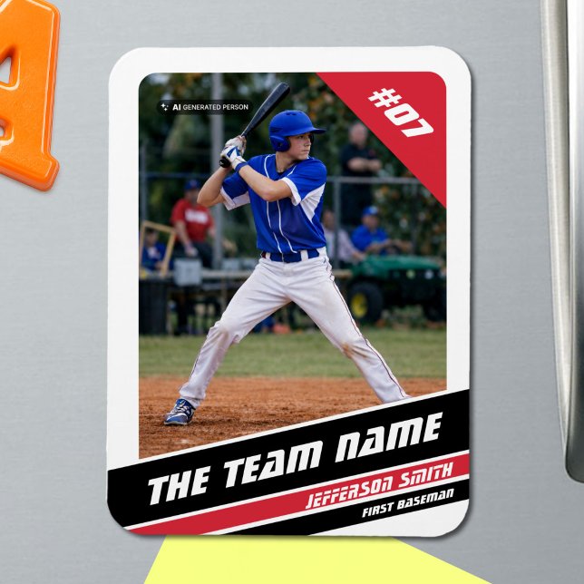 Baseball Player Customizable White Red Magnet (Baseball Player Magnet in White with Custom Team Name and White Red Stripes)