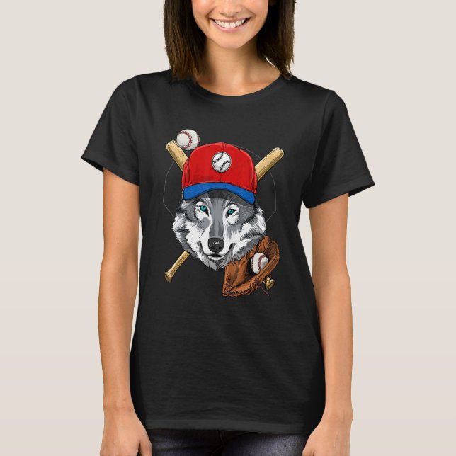 Baseball Player Grey Wolf Pitcher Catcher Baseball T-Shirt (Front)