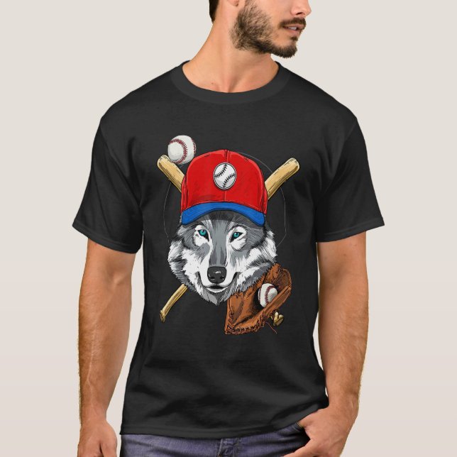 Baseball Player Grey Wolf Pitcher Catcher Baseball T-Shirt (Front)