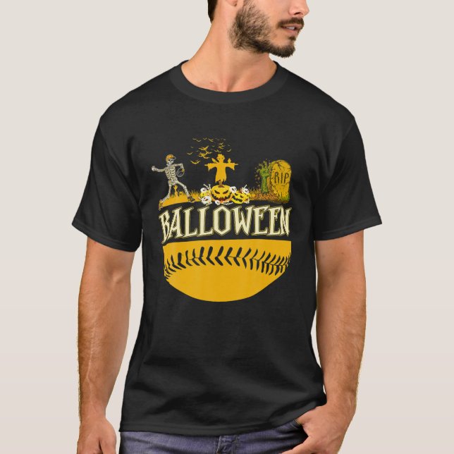 Baseball Player Halloween Pumpkin Skeleton, Skull T-Shirt (Front)