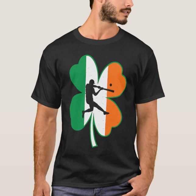 Baseball Player Lucky Shamrock Ireland Flag St Pat T-Shirt (Front)